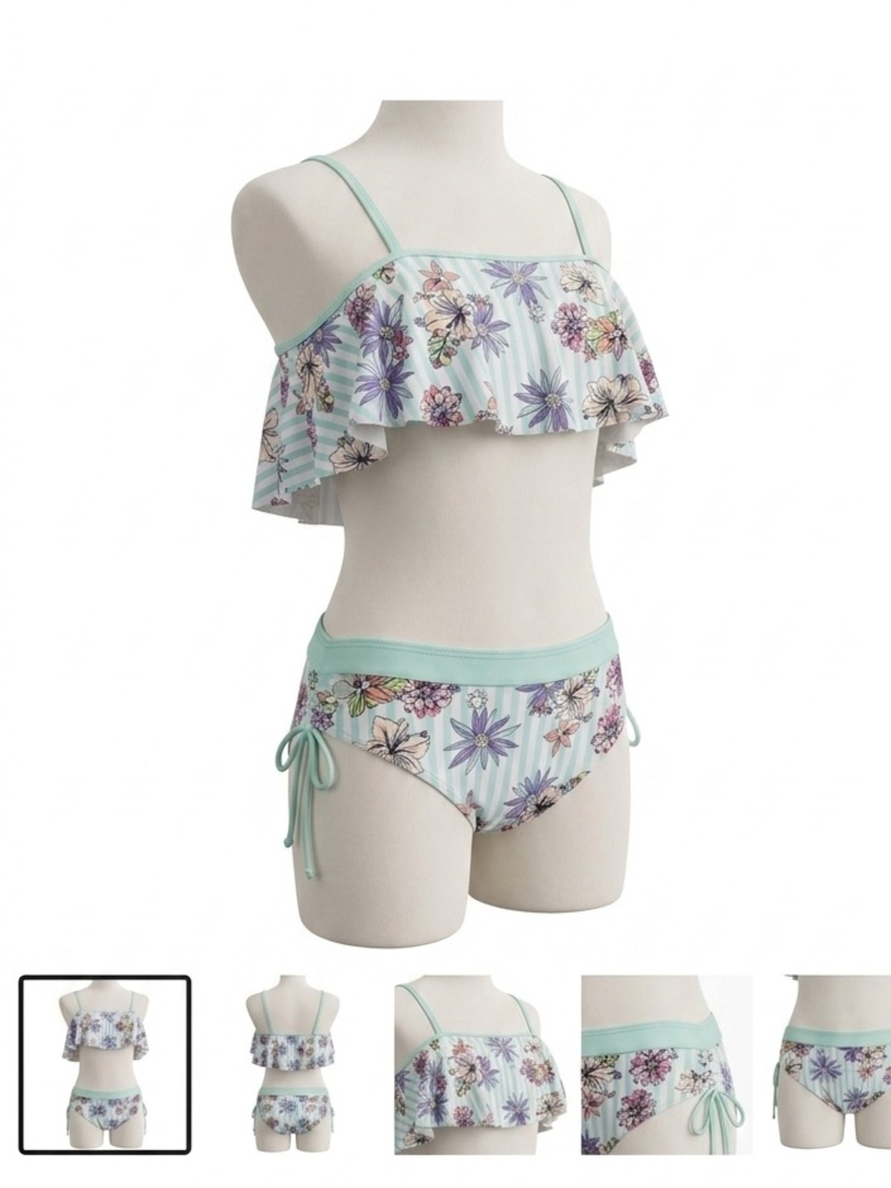 Limeapple Girls Ruffle Square Neck Bikini Swim Set Floral Stripe 16 EUC